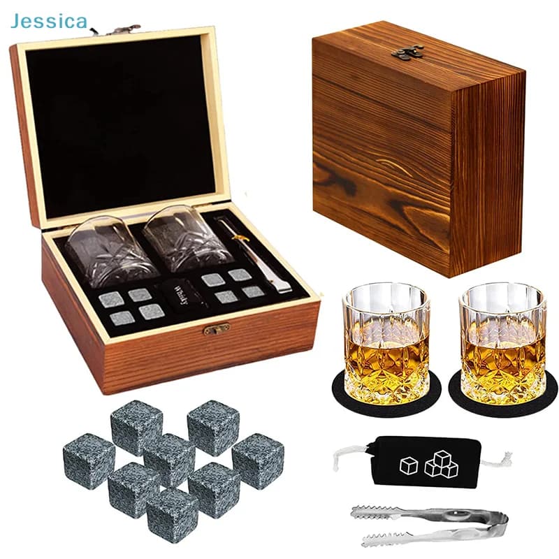 ♥ Set regalo whisky in legno - 2 bicchieri di cristallo + 8 cubetti di ghiaccio in granito + pinze e scatola portaoggetti per Bourbon, (regalo ideale per uomo)