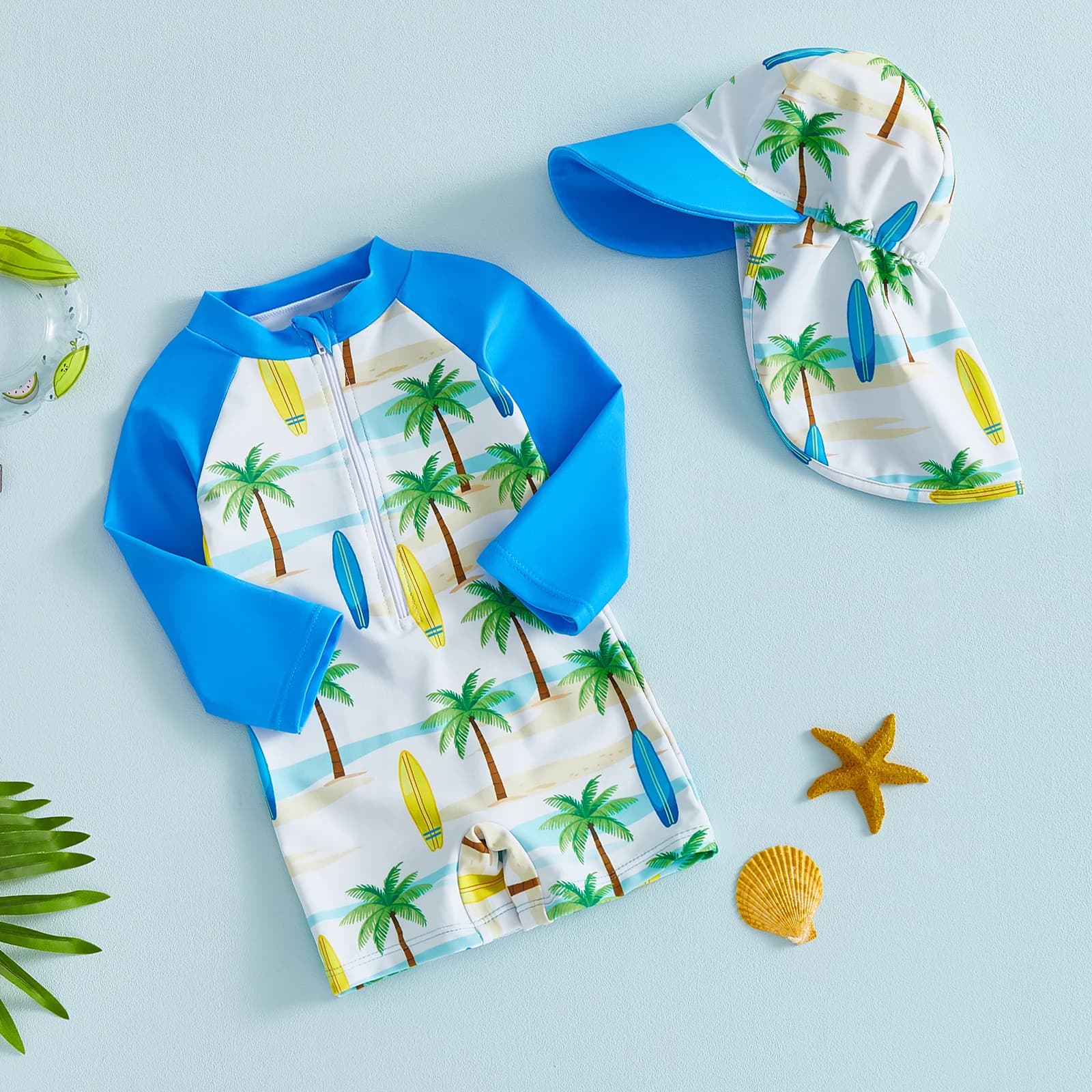 Swimwear for children and infants, swimwear Rash Guard, coconut tree/seaboard printing, zipper, long sleeves, swimsuits with bath head