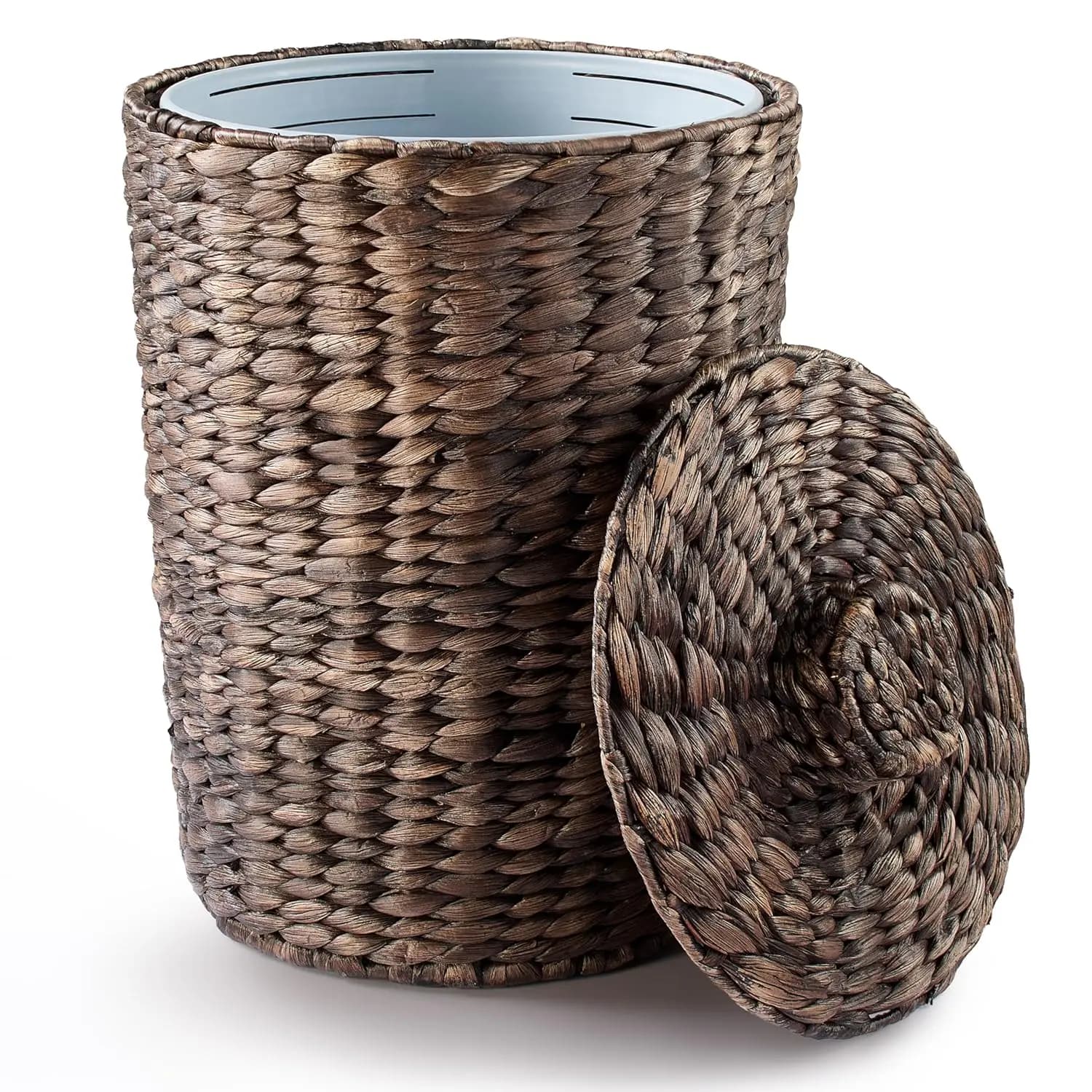 Cestino per Rifiuti in Vimini da 4 Galloni con Coperchio, Contenitore per Spazzatura in Giacinto d'Acqua Stile Boho per Bagno, Camera da Letto, Cucina, Nero