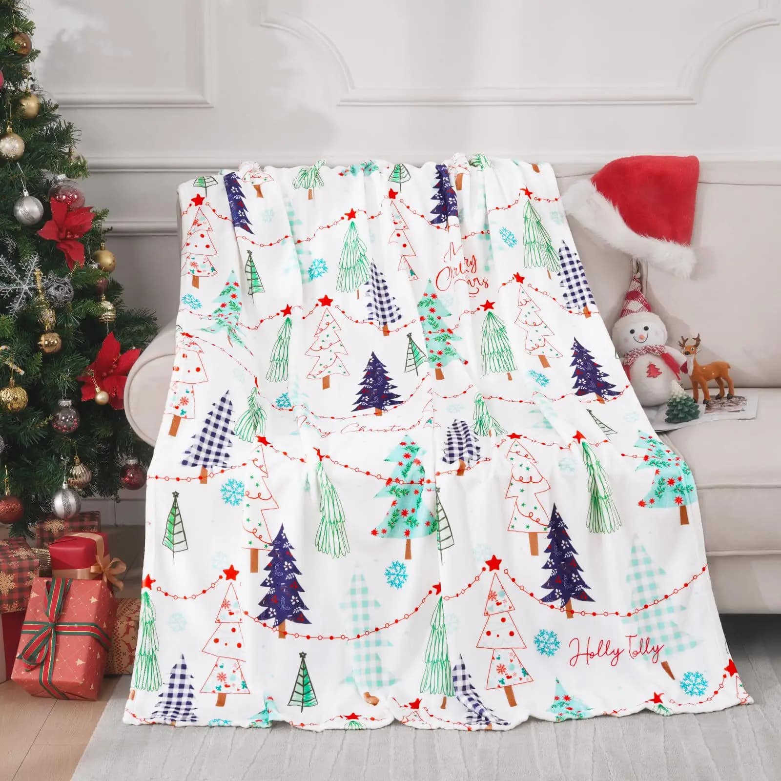 Coperta stampata con fiocchi di neve per albero di Natale per divano letto, viaggio, campeggio, soggiorno, ufficio, coperta per condizionamento
