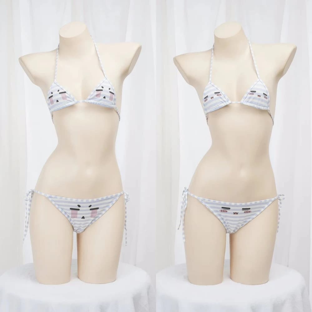 Cute Sleepy Crying Face Striped Bikini Set Anime Japanese Swimsuit Sexy Bandage Underwear Role Play Sweet Girl Lingerie Pajamas