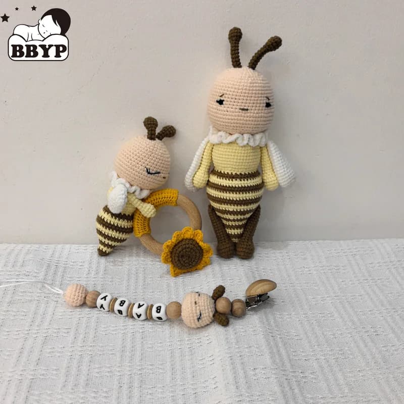 1Set Crochet Bee Baby Massaggiagengive Sonaglio Sicuro Legno di faggio Massaggiagengive Anello Ciuccio Clip Catena Set Neonato Mobile Palestra Giocattolo educativo