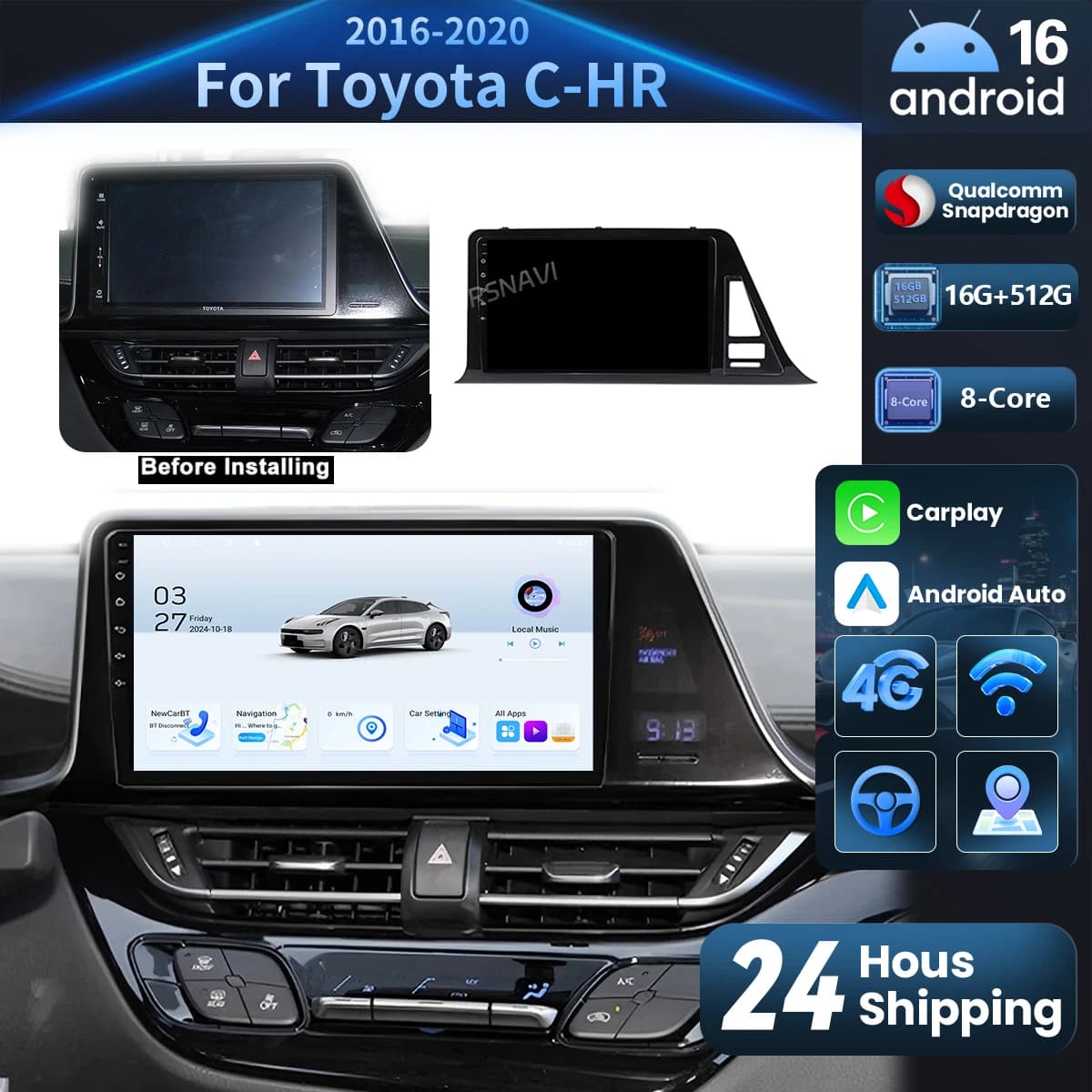 Android 16 Carplay Auto Car Radio Multimedia Player For Toyota CHR C-HR 2016 2017 2018 2019 2020 WIFI 4G GPS Qualcomm 16G-512G