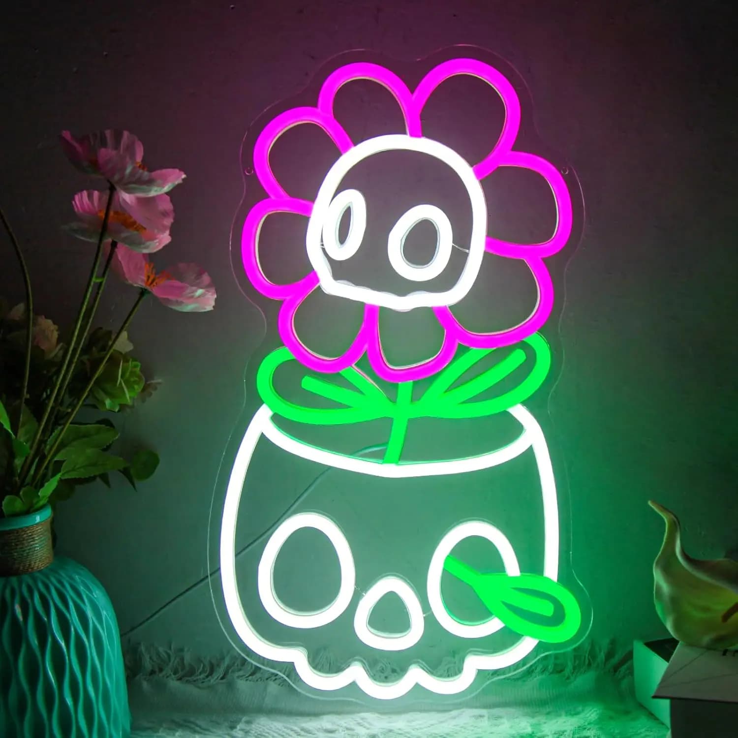 Insegna al neon a forma di teschio con fiori, decorazione festiva per feste, neon brillante e abbagliante, alta saturazione, estetica esplosiva