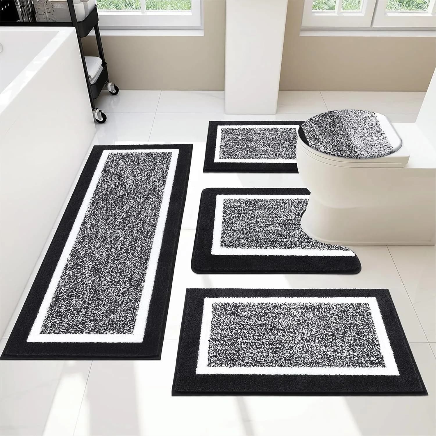 Set di Tappeti da Bagno 5 Pezzi, Tappetini Assorbenti in Microfibra, Set Antiscivolo Lavabile con Tappeto a U per WC e Copriwater