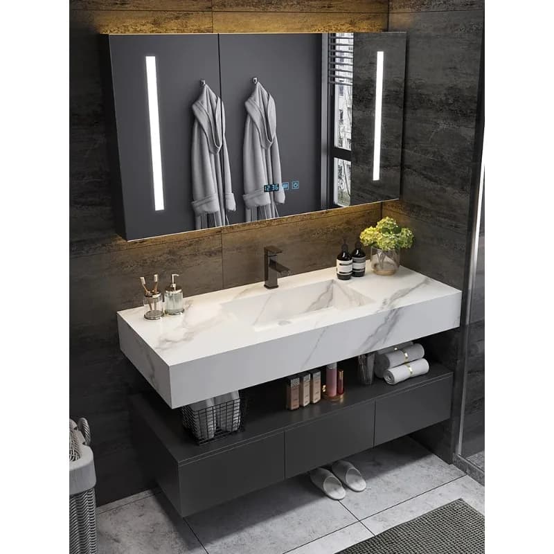 Mobile Bagno di Lusso con Lavabo Integrato in Lastra di Pietra, Specchio e Combinazione Lavabo/Toilette per Uso Domestico e Hotel, Stile Moderno