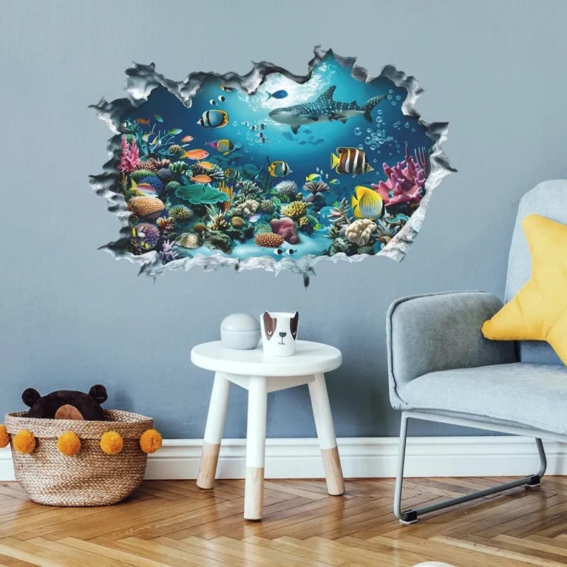Adesivo da parete 3D Shark Breaking Ocean Underwater World Murale Adesivo da parete autoadesivo per la decorazione della casa del soggiorno della camera da letto