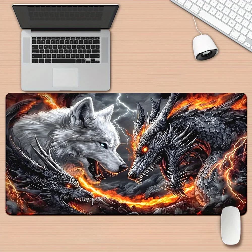 Tappetino per Mouse Esteso con Arte di Lupo e Drago in Battaglia, Antiscivolo, Grande Tappetino da Scrivania per Gaming, Ufficio, Laptop, Tastiera, Uso Domestico