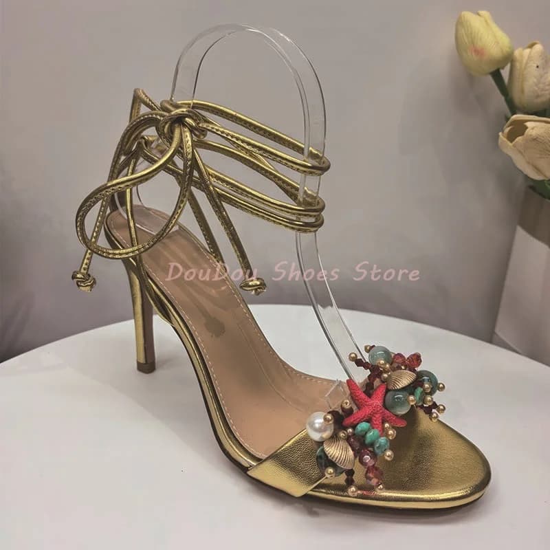 Gold Shell Pearl Decor Ankle Wrap Thin Heel Sandals Women Lace Up Peep Toe High Heels Hot Chick Beach Vacation Summer Shoes New