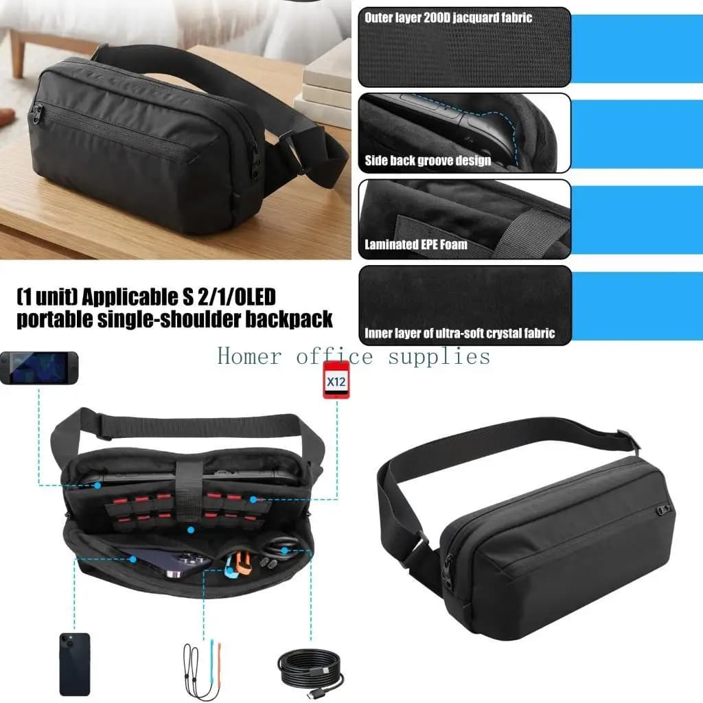 K43B Card Holder Travel Bag for NS2 Handheld Game Devices, Crossbody Shoulder Case with Front Pocket, Black Finish and Broad