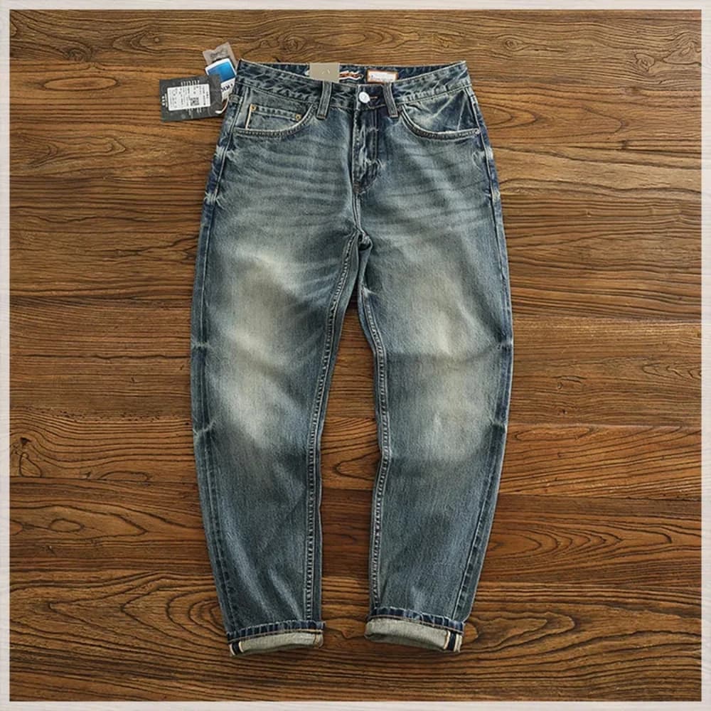 12.5 oz Amei Khaki vintage denim men's pants straight leg conical feet small comfortable denim jeans with red spring board
