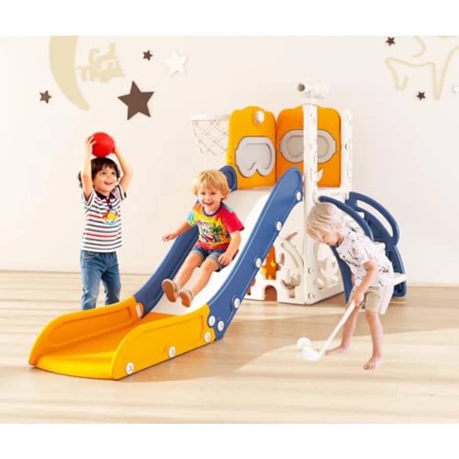 Set Giochi 7 in 1 per Bambini con Scivolo a Forma di L, Parco Giochi per Interni ed Esterni per Età 1-3 Anni, Include Set da Golf, Canestro da Basket e Superficie Antiscivolo