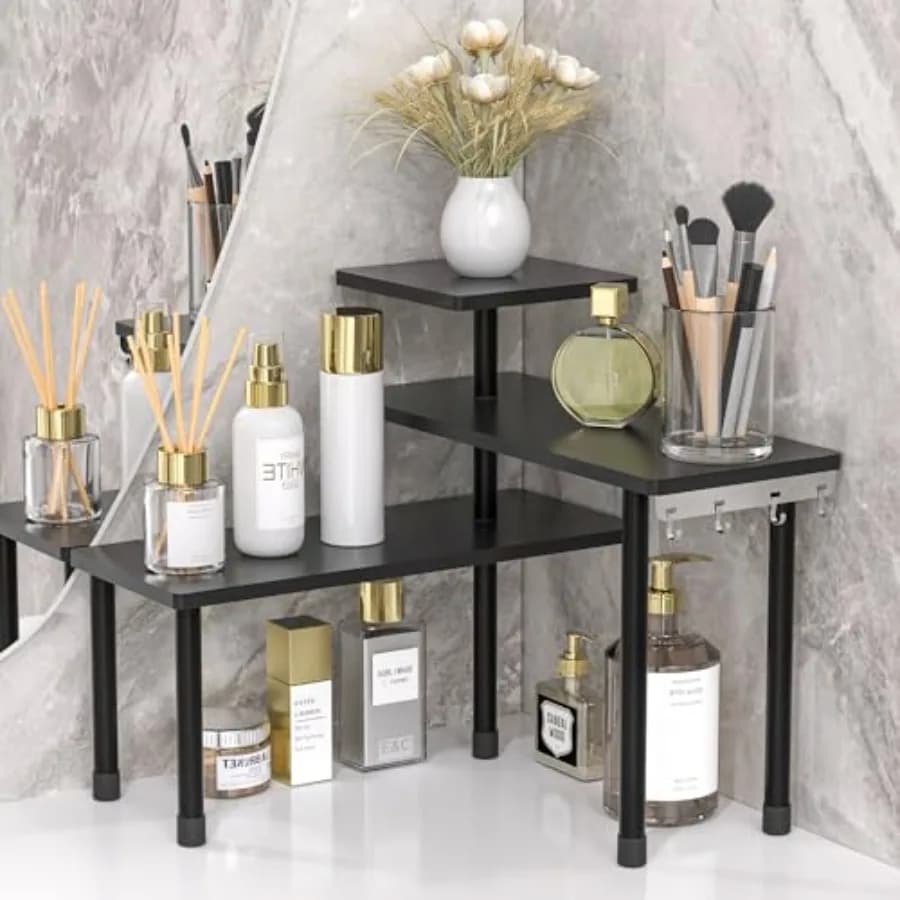 Countertop Corner Shelf, 3 Tier Shelf Moveable Organizer for Bathroom Counter, Make Up, Dresser Table, Desktop Shelf Black