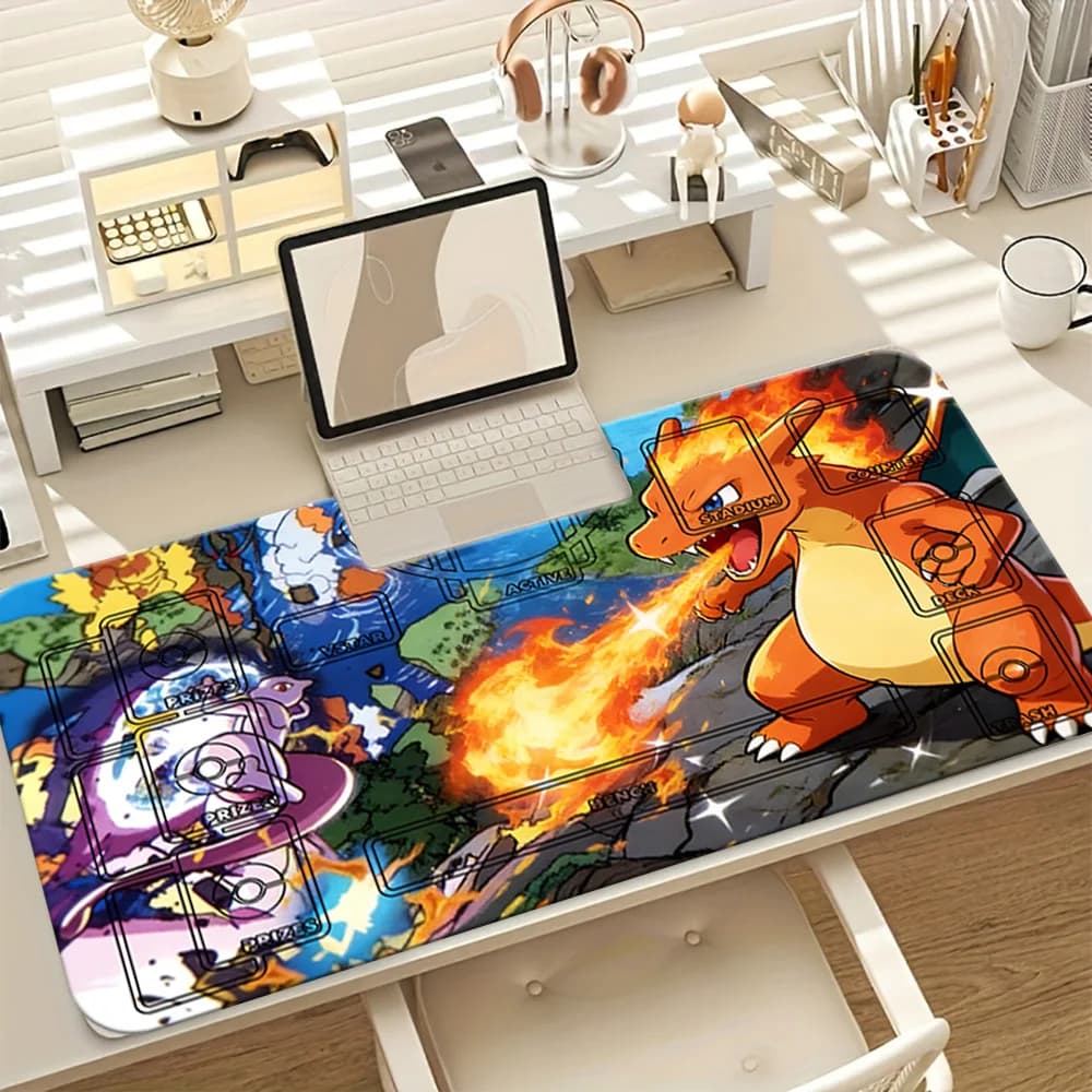 Tappetino da Gioco Pokemon Charizard Fire Battle TCG, Grande Tappetino per Mouse da Gaming con Zone per Carte, Tappetino da Scrivania