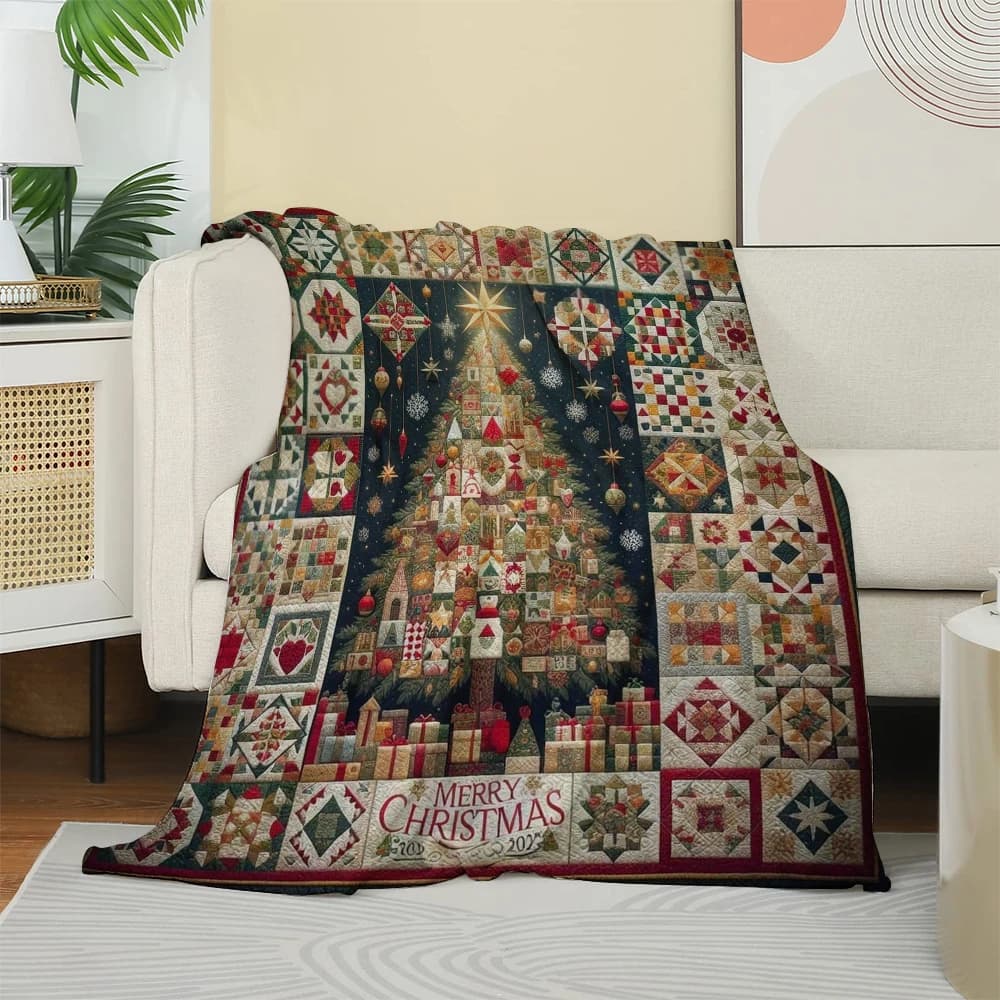 Coperta in pile trapuntata vintage con albero di Natale e motivi, coperta invernale festosa di buon Natale 2026, regalo morbido e accogliente