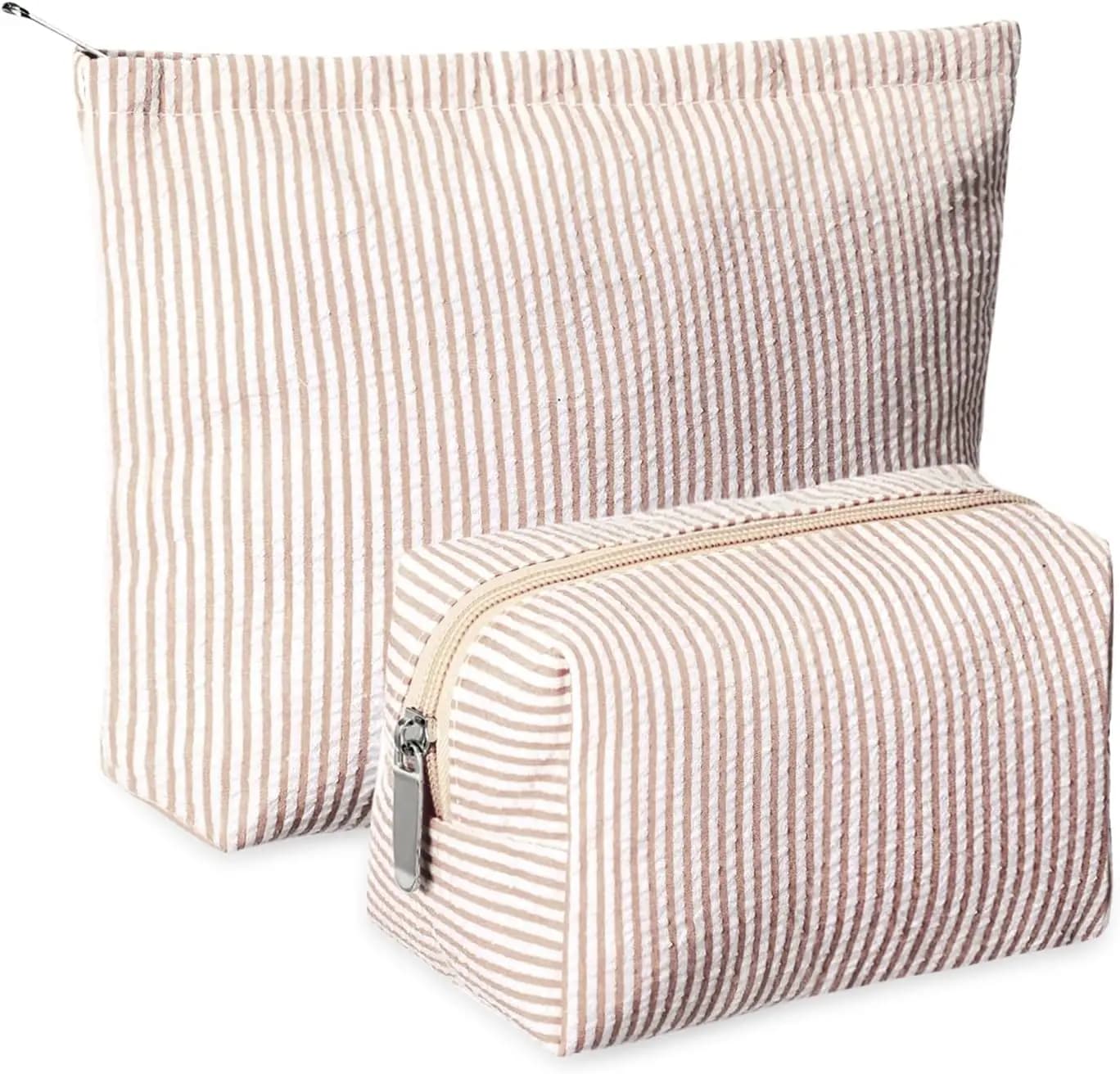 Huhumy Set di 2 Borse per il Trucco, Graziosa Pochette Cosmetica per Donne, Borsa da Viaggio in Seersucker, Piccola Borsetta per il Trucco, Organizer Estetico per Pennelli e Prodotti Skincare, Regalo di San Valentino per Donne (Kaki)