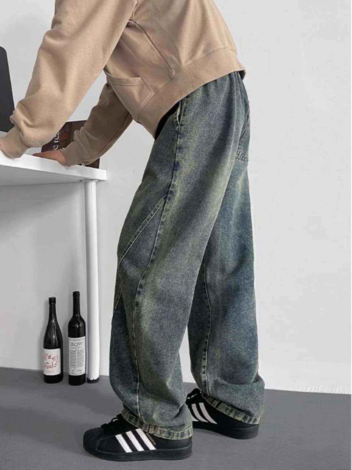 Loose Straight Leg Jeans Men's Spring American High Street Casual Pants Slanted Cut Elastic Waist Wide Leg Casual Cotton Jeans