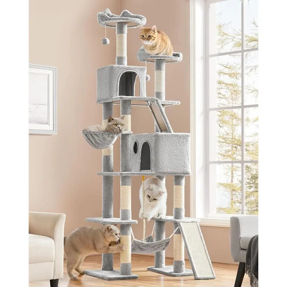 Torre per Gatti Alta 210 cm con Amaca, 2 Posizioni per Riposare, 2 Cucce, Tiragraffi, Cesto per Gatti Grandi e Gattini, Grigio Chiaro