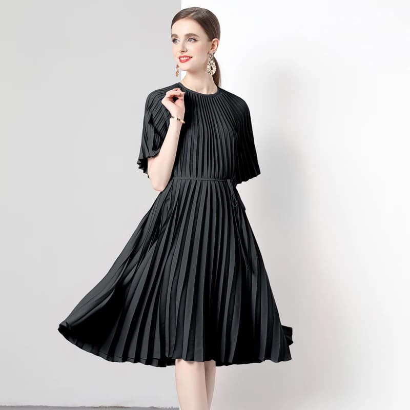 Dress Midi Plissettato with Belt, Big size, Round neck, Stuffed sleeves, Women's Fashion Autumn Spring in Polyester Fiber