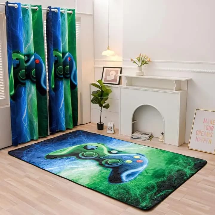 Blue & Green Neon Lightning Game Controller Print Rug,Thunder Pattern Floor Mat for Bedroom,Gaming Room,Non-Slip Washable Carpet