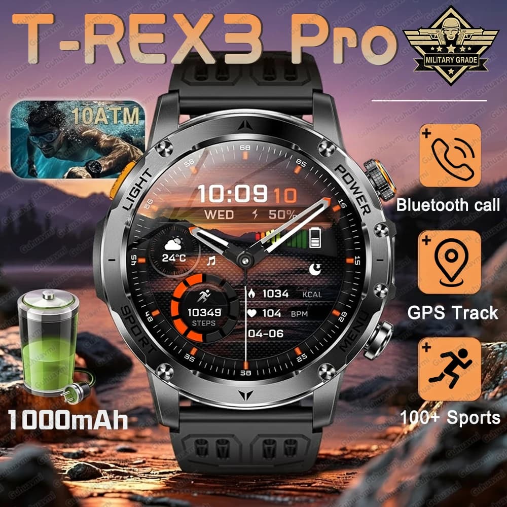 T-Rex3 Pro New Smartwatch Ultra 1000mAh Man Resistant, GPS Military for Outer, 10ATM Waterproof, Bluetooth HD Calls, Sport Watch