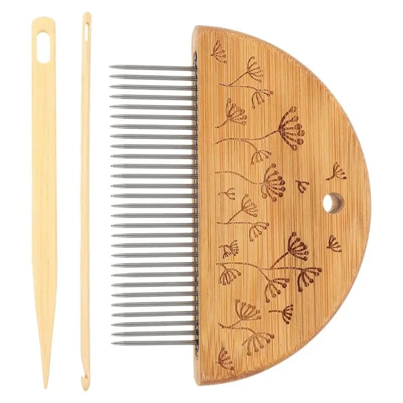 ABYN-Wood Hand Loom Comb Set, Weaving Comb With Crochet Hook, Wood Knitting Loom Tool For DIY Tapestry Knitted Crafts