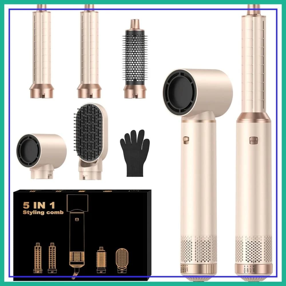 Set Spazzola Asciugacapelli 5 in 1, Spazzola ad Aria Calda con Ioni Negativi per Styling, Asciugatura, Arricciatura e Lisciatura
