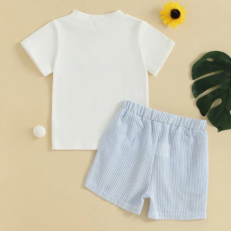 Set da 2 pezzi per neonato, vacanza al mare, stampa palme, manica corta, girocollo, t-shirt, pantaloncini di jeans