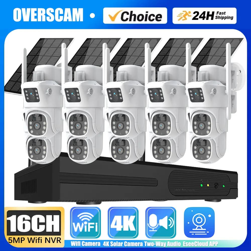 Kit NVR wireless 16CH 4K 8MP Dual Lens Wifi Sistema di telecamere CCTV solari Rilevazione PIR Telecamera di sicurezza IP PTZ Set di videosorveglianza