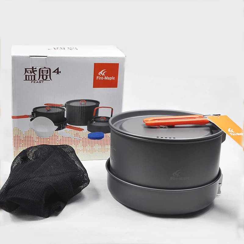 Set of pots for 4-5 persons in fire maple, 2 pot pan, teapot, picnic kitchen set, hiking, outdoor camping, Feast 4 pot kit