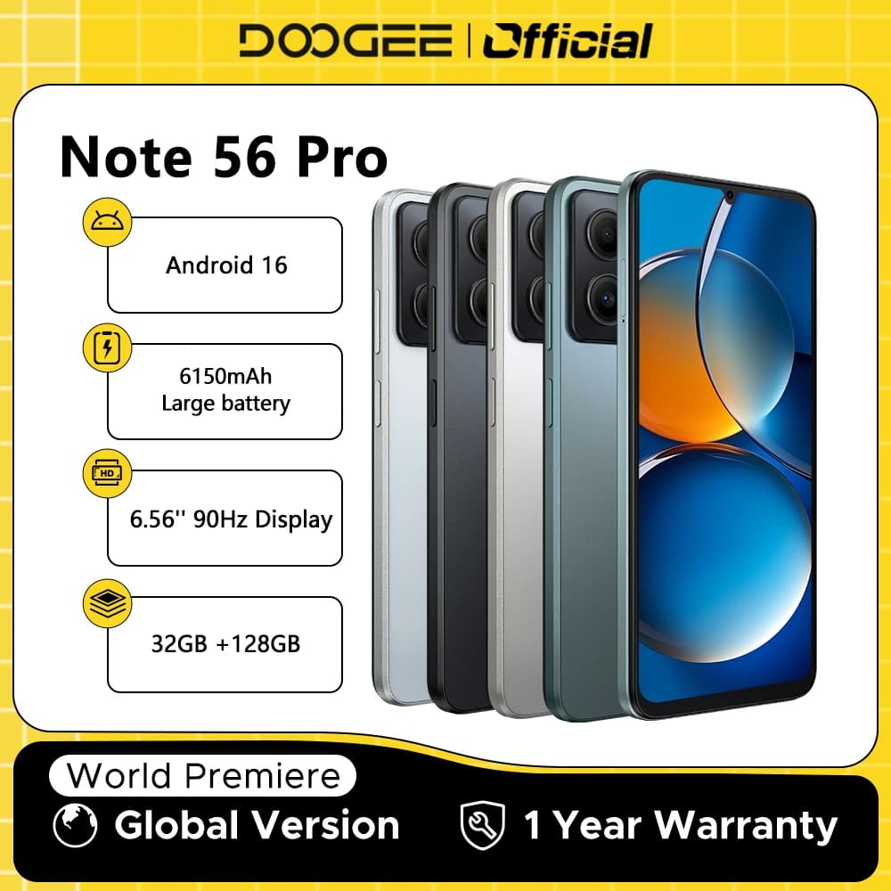 Versione globale DOOGEE Note56 Pro Smart phone Android 16 6150mAh Batteria 6.56 ''90Hz Schermo 32GB 128GB Telefono cellulare NFC