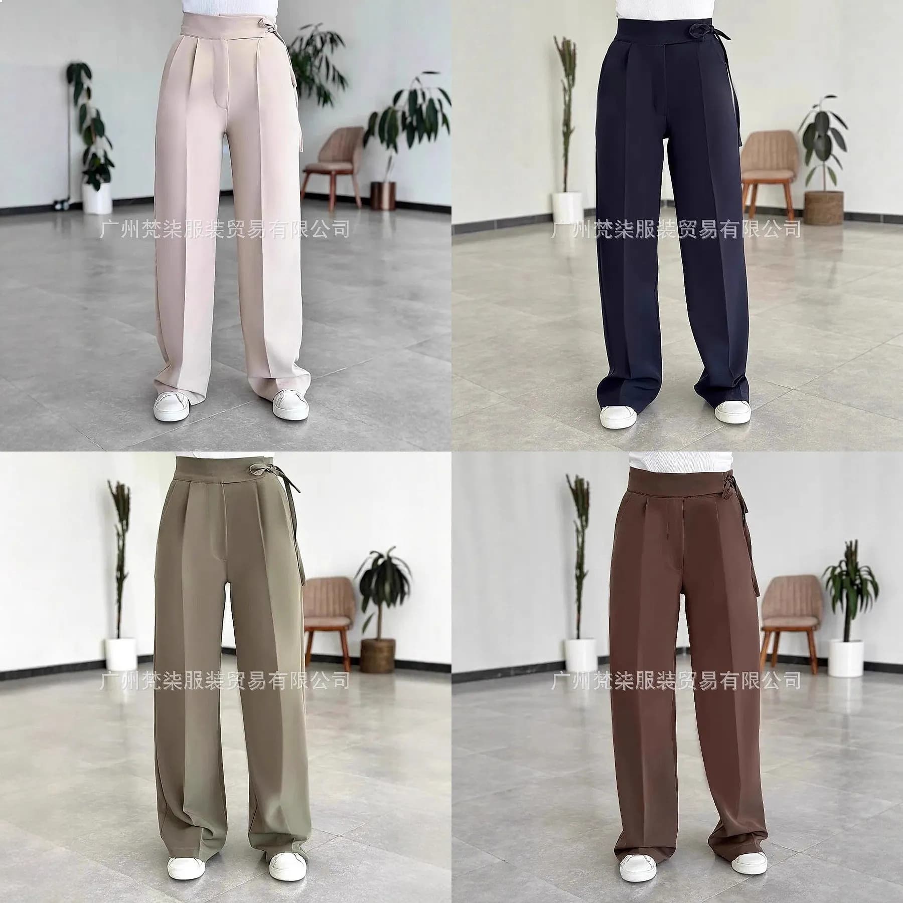 Pantaloni a Gamba Larga da Donna, Casual, Larghi, Dritti, con Laccetti Laterali, Primavera Estate