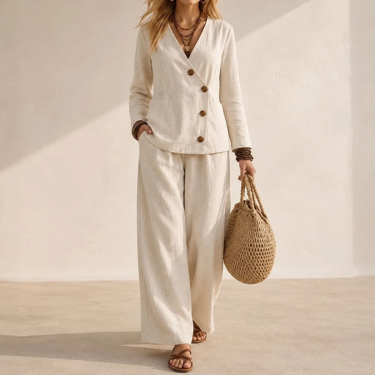 Autumn Women Two‑Piece Outfit V‑Neck Asymmetric Button Blouse Loose Wide Leg Pants Casual Vacation Matching Set