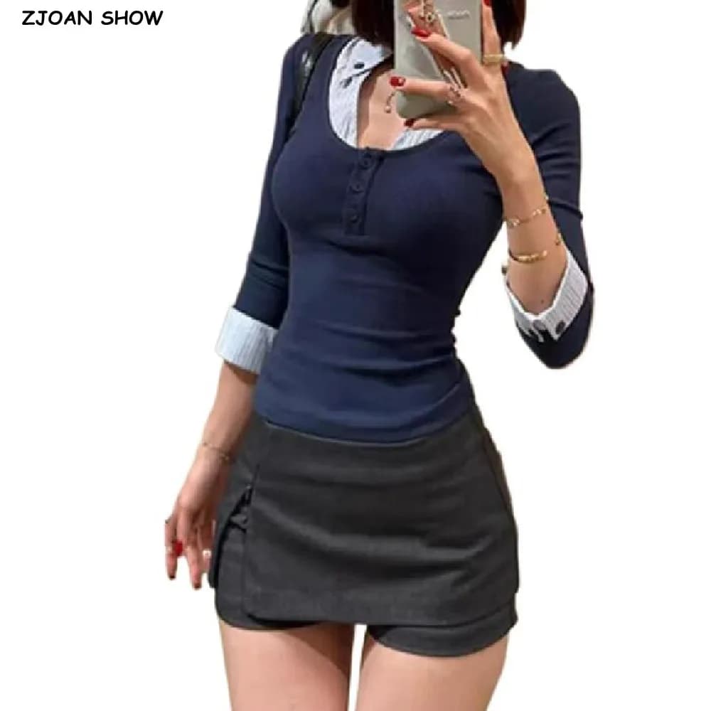 2025 Autunno Stile Preppy Risvolto a righe Impiombato a costine in cotone lavorato a maglia Manica lunga Tee da donna Falso 2 pezzi Slim Fit Pullover T-shirt