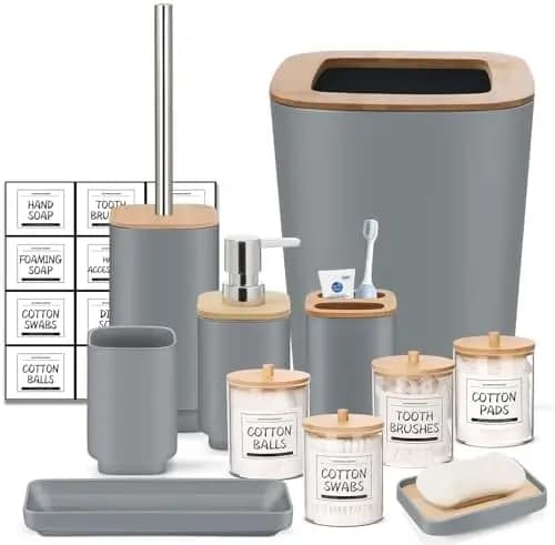 Set da Bagno IMAVO 11 Pezzi Grigio – Cestino, Spazzola per WC e Vassoio Portaoggetti – Kit Completo per l'Organizzazione del Bagno