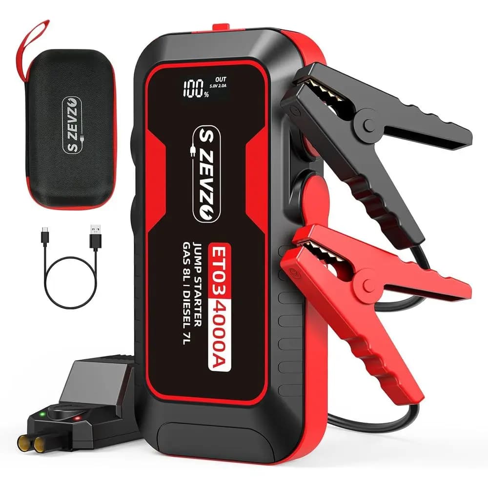 Avviatore di Emergenza Portatile 4000A per Motori a Benzina da 8.0L e 7.0L, Batteria da 74Wh 12V con Porte USB, Display LCD, Custodia per il Trasporto e