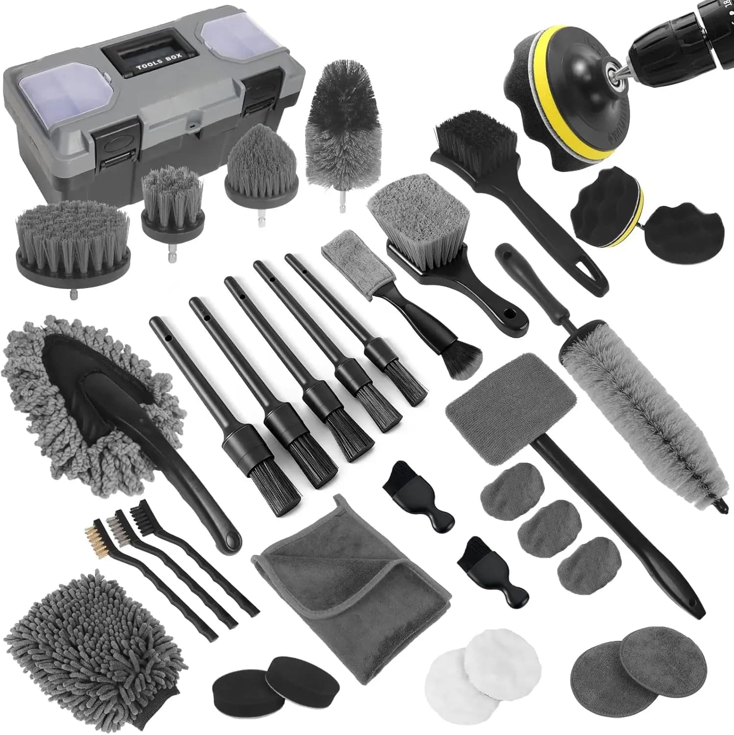 Kit per la Pulizia dell'Auto, 36 Pezzi di Strumenti Professionali per la Pulizia di Interni, Esterni e Ruote, con Attrezzo per Parabrezza e Scatola Portaoggetti