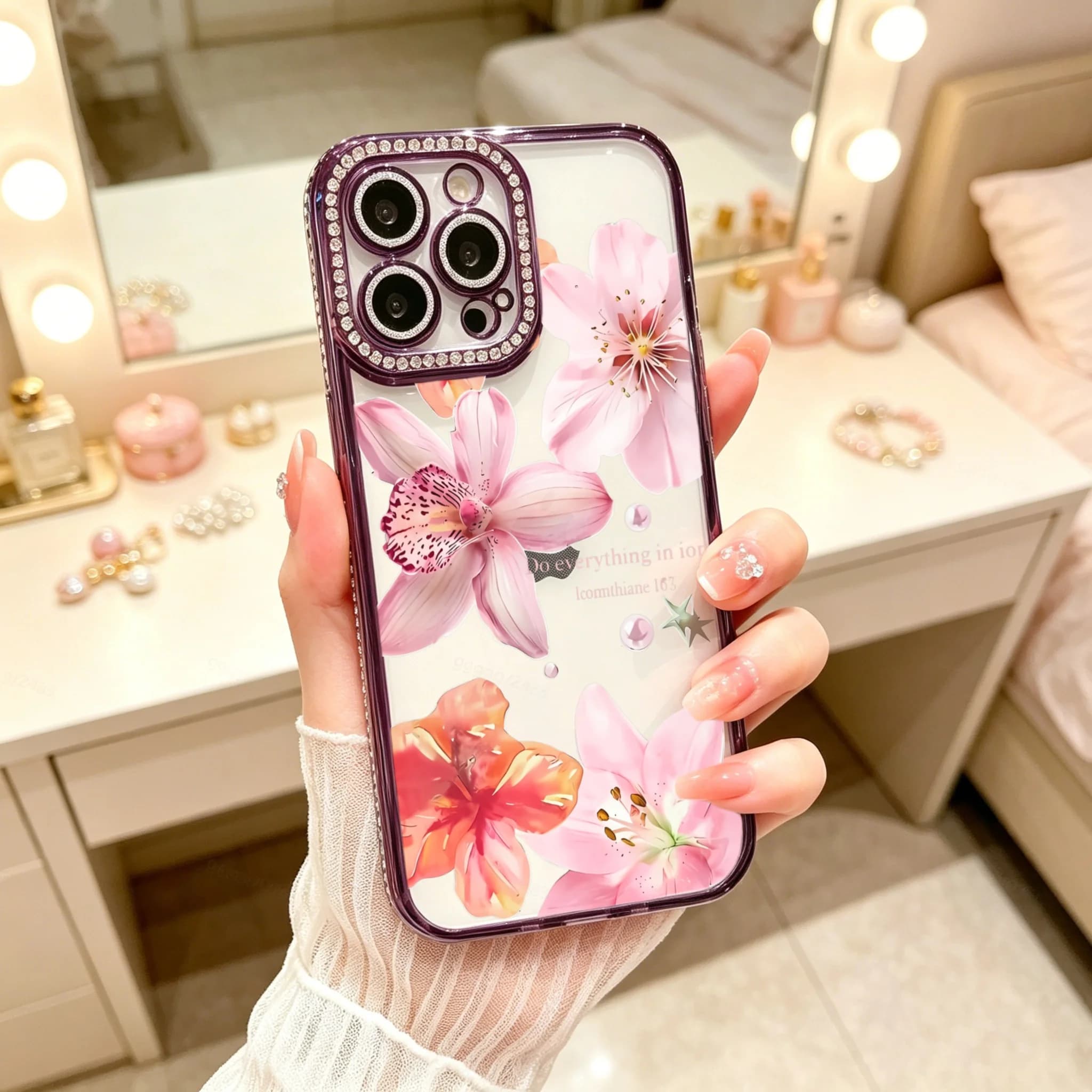 Diamond Electroplated TPU Phone Case for iPhone, Floral Phone Case, Pink Flower Pattern With Rhinestone Camera Frame , Luxury Glitter Rhinestone Frame, Built-in Lens Protector, Anti-Slip Shockproof Clear Cover