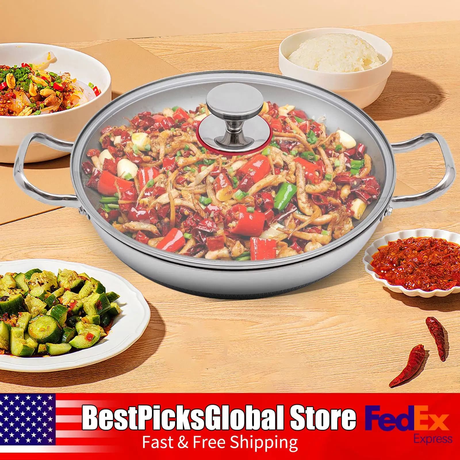 32cm Stainless Steel Non-stick Frying Brush with Cover, for Induction, Gas and Electric Hoses