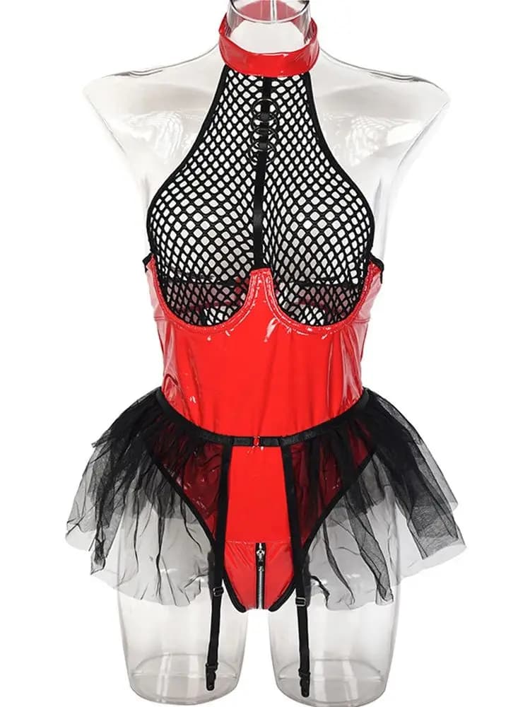 S-XXL Halter Backless Swimwear Patchwork Polished PU Leather Hinge With Horse Opening Body Collant Sexy Cosplay Body Top Clubwear
