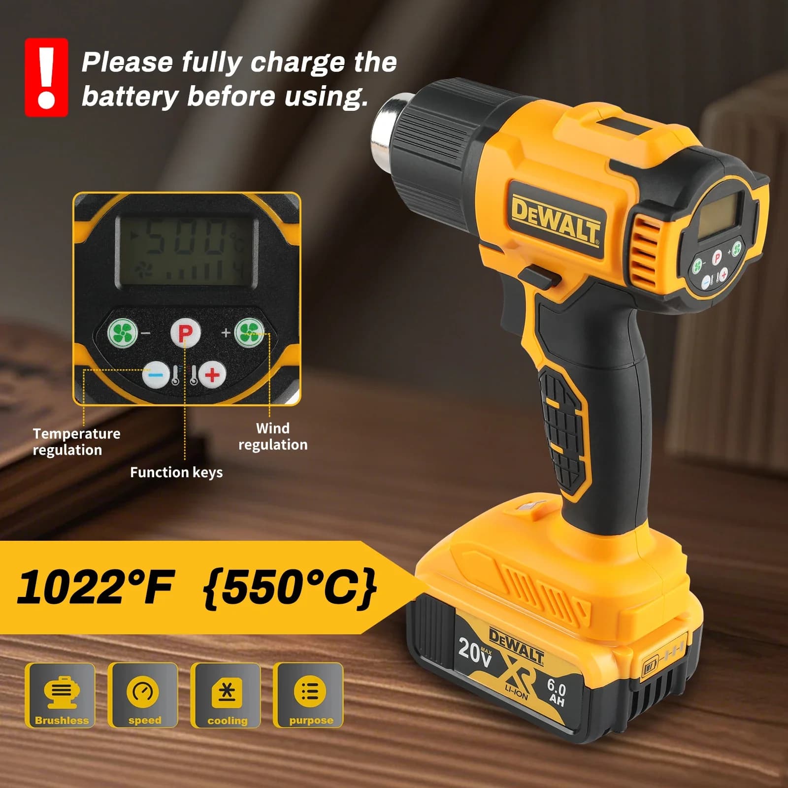 Pistola termica a batteria Dewalt DCE530 20V 60-550 ° Multi-ugelli con display a LED a temperatura regolabile F per confezioni termoretraibili e progetti fai-da-te