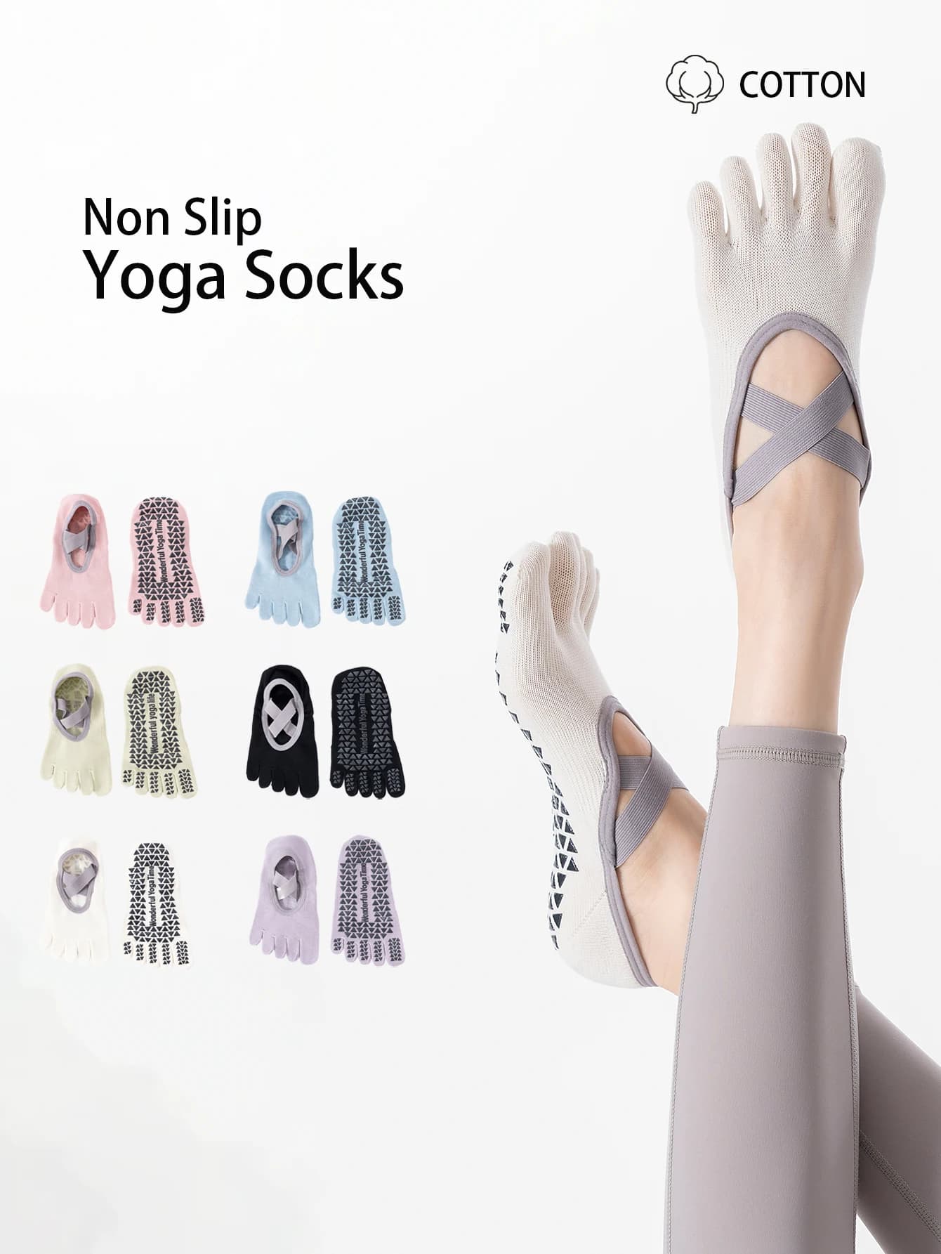 1/2 Pair of Cross-Strap Five-Finger Yoga Socks for Women, Non-Slip Silicone Sole, Anti-Slip Heel, Breathable Split-Toe Socks, Yoga, Pilates, Home Exercise Short Socks