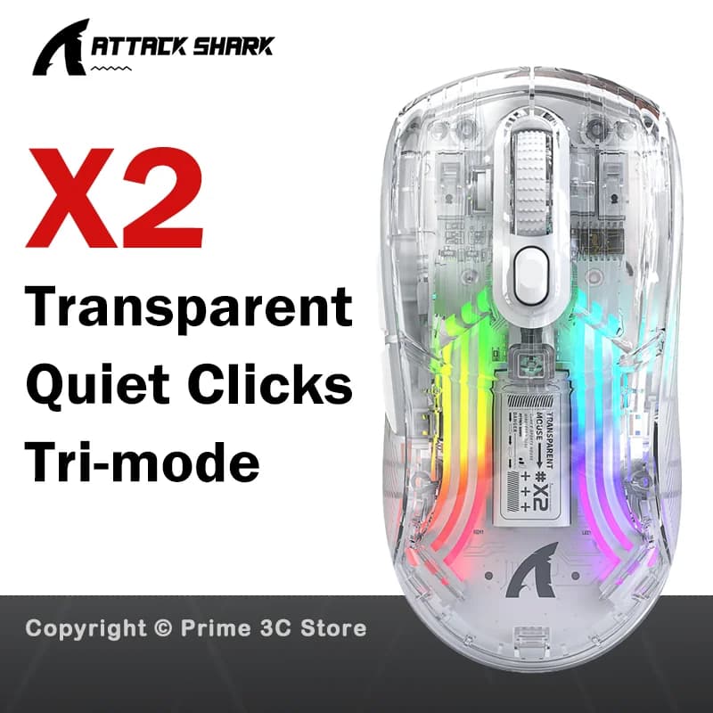 Attack Shark X2 X2Pro Mouse da gioco wireless silenzioso, Bluetooth 2.4G trimodale cablato, RGB, trasparente, dock di ricarica magnetico