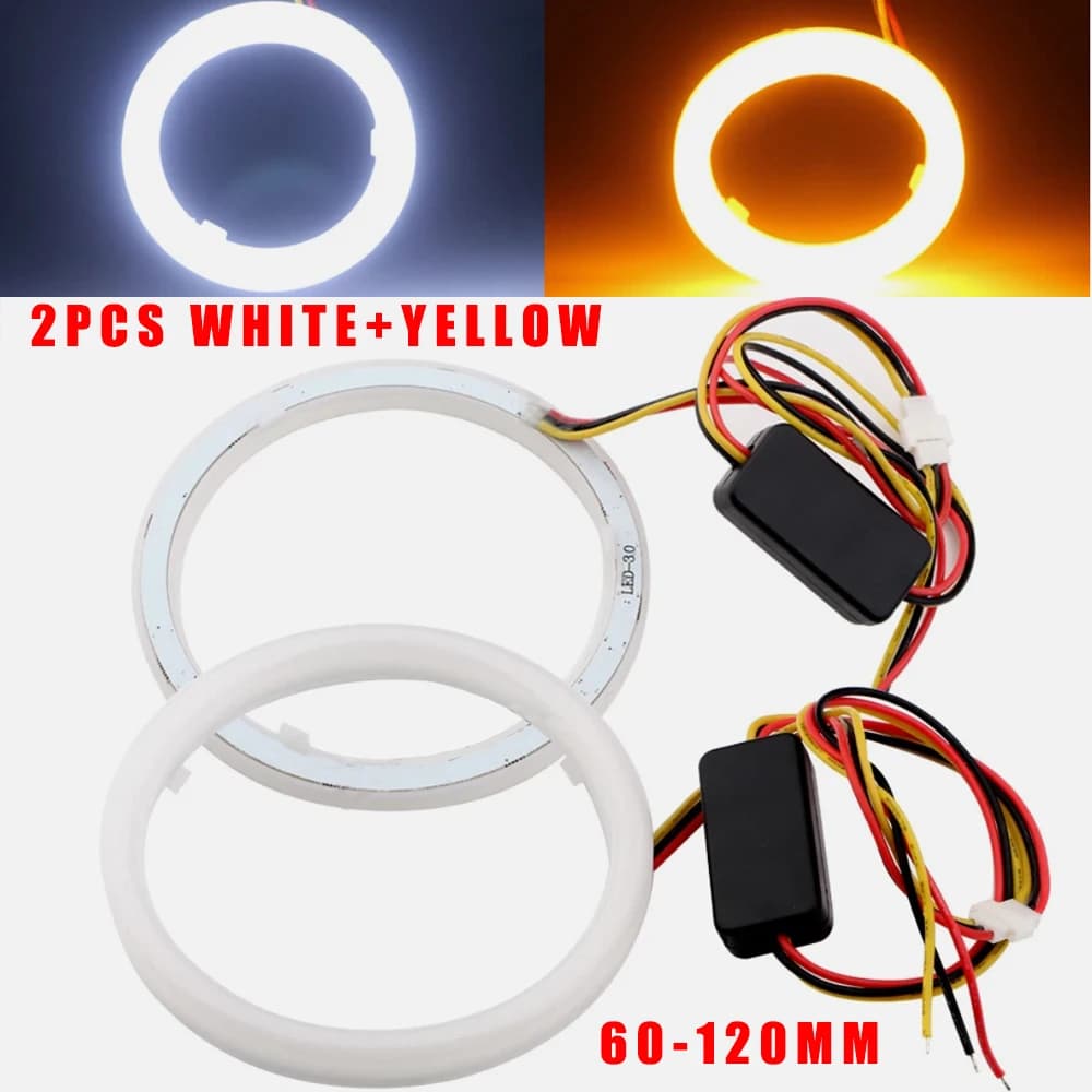 2 Pezzi Luci LED Angel Eye Bianche+Ambra 60mm~120mm Impermeabili in Cotone, Decorazione Fari 12V