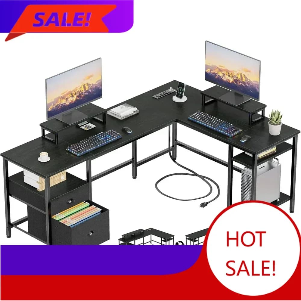 66 inch L desk with power outlet, reversible gaming desk with document drawer and 2 monitor supports for the home office.