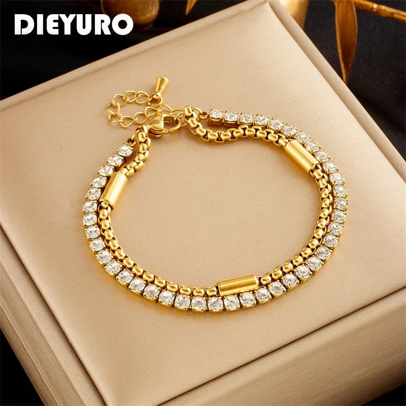 DIEYURO 316L Stainless Steel White Sparkling Zircone 2in1 Chains Bracelet For Women's Fashion Women's Wrist Jewelry Gifts Button