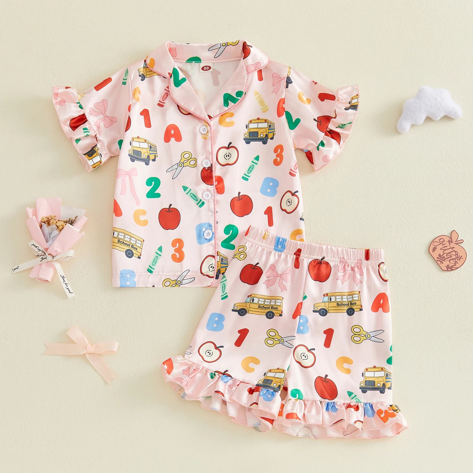 3-9Y Little Girls Satin Pajamas Sets Summer Back to School Apple Pencil Printed Short Sleeve Ruffle Tops Shorts 2Pcs Sleepwear