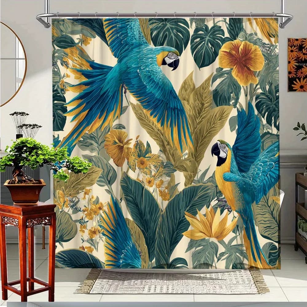 Tenda da doccia grande con pappagallo tropicale da 1 pezzo - Finestra da bagno extra lunga con guacamayo blu e dorato vibrante, arredamento nella giungla