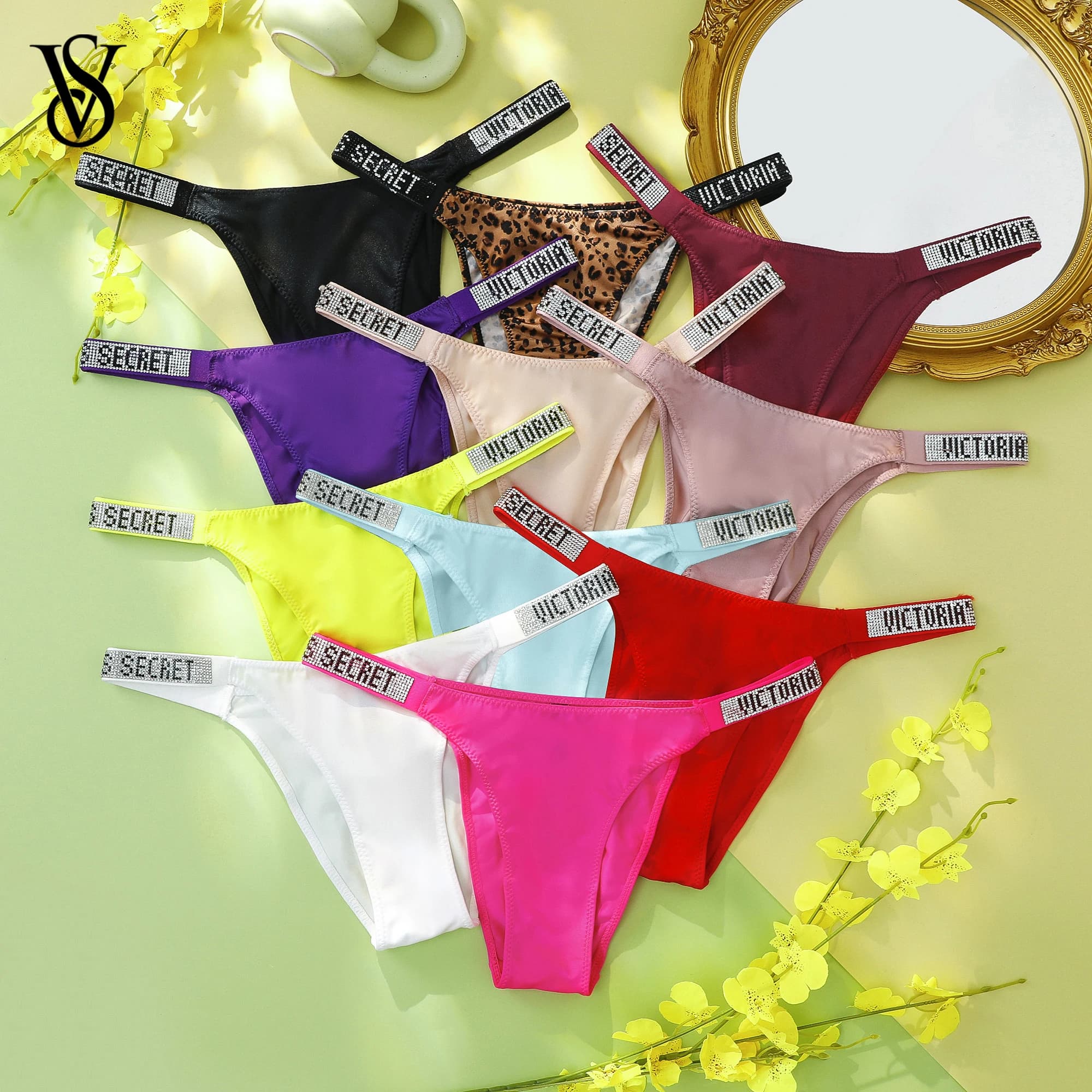 Victoria's Secret V-Chain Underwear Thong Women's Classic Striped Versatile Lace Sexy Panties Shaping Breathable Soft