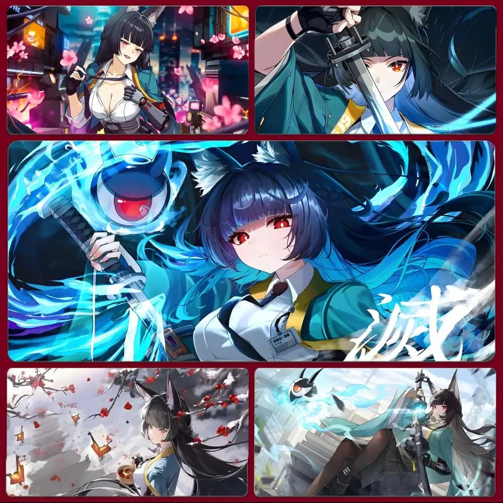 XXL Mouse Pad, Rubber Base Fox Ear Cool Lady Neon City & Samurai Sword Print Gaming Desk Mat